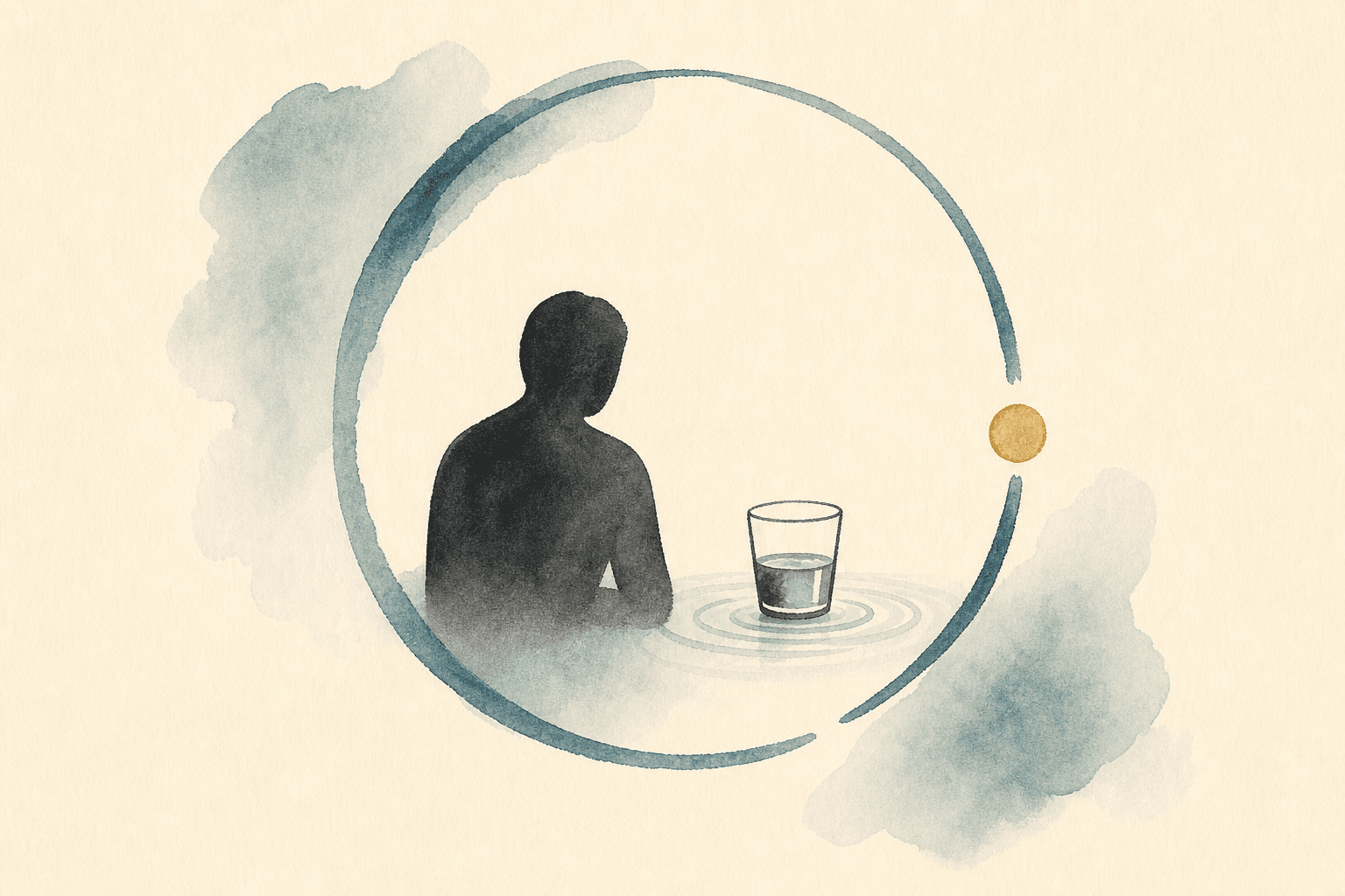 Minimal watercolor illustration of an unlabeled glass and ripple inside a soft loop, suggesting alcohol habit awareness.