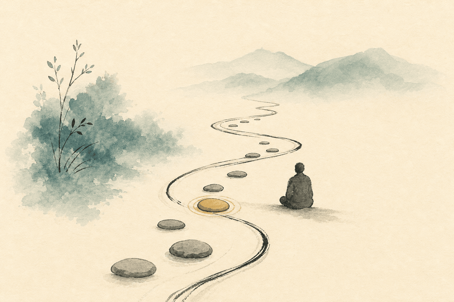 Minimal watercolor illustration of a winding path and pause point, suggesting steady addiction recovery progress.