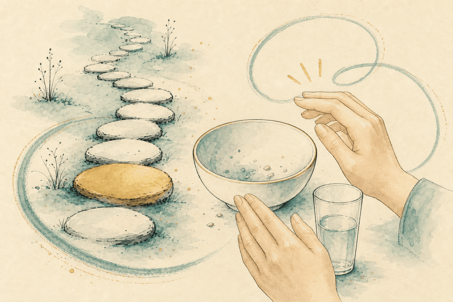 Minimal watercolor illustration of calm hands near a bowl with a soft loop, suggesting EFT support for food cravings.
