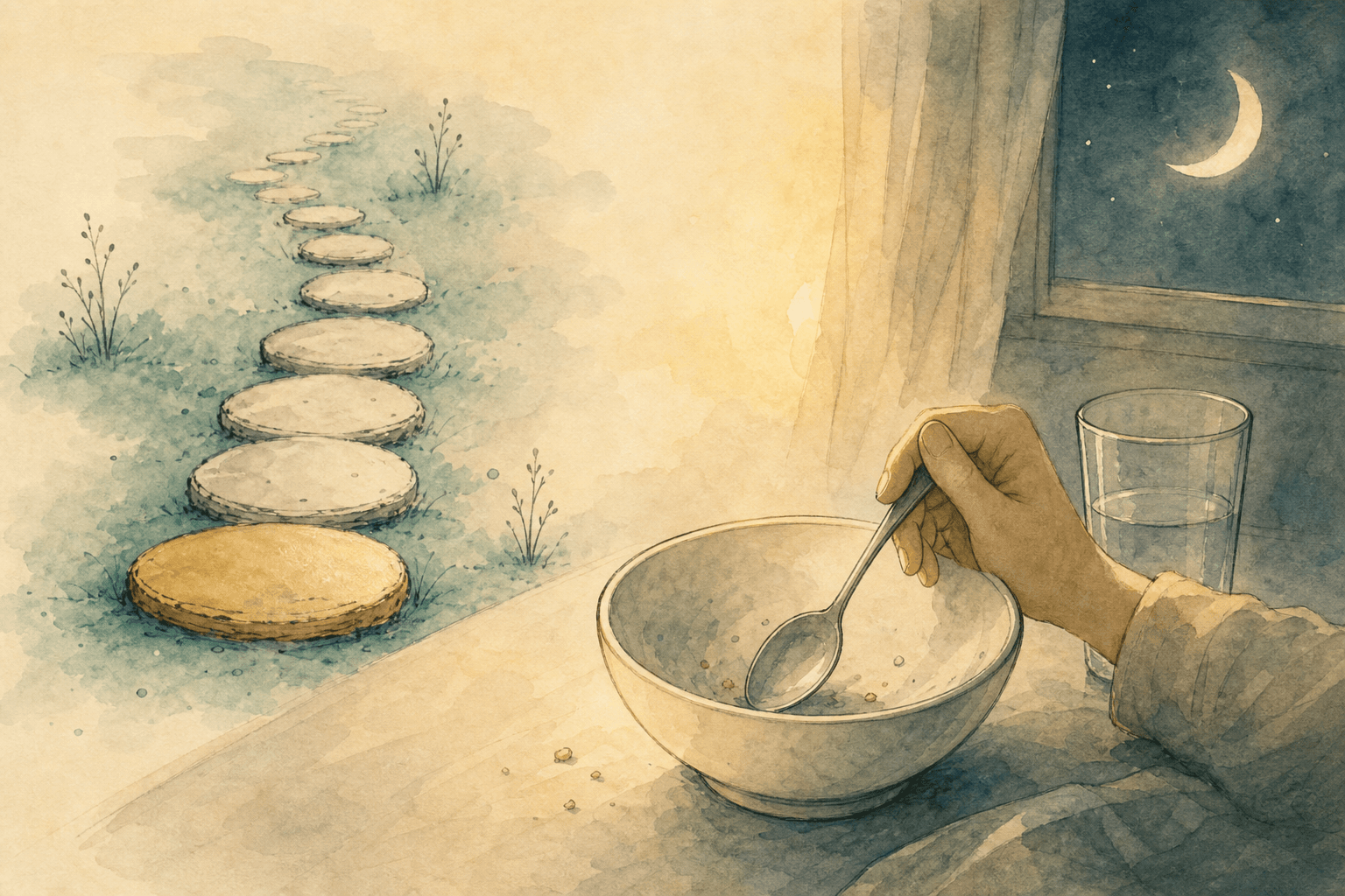 Minimal watercolor illustration of a bowl and hand with a pause line, suggesting emotional eating at night and a calmer response.