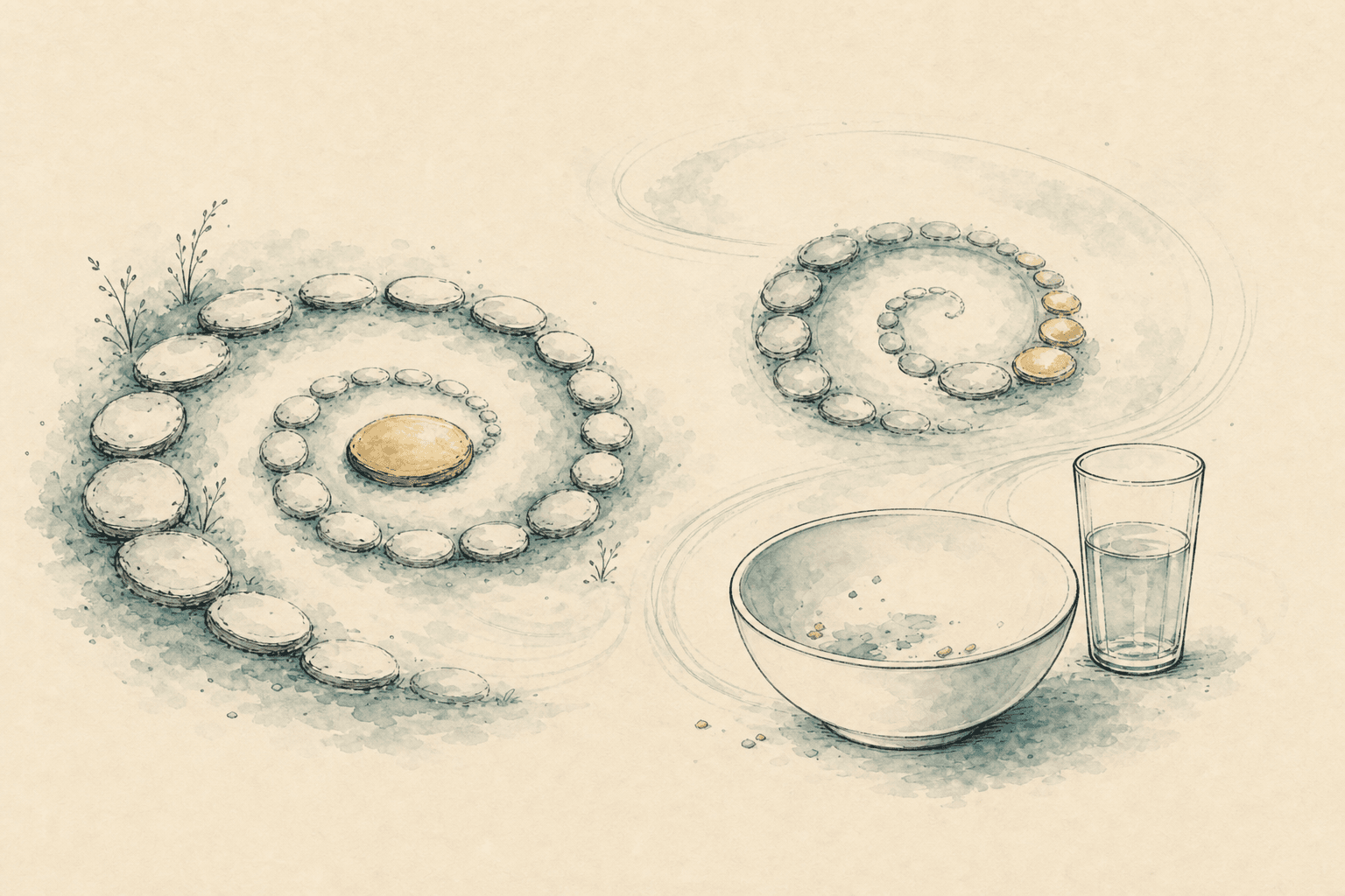 Minimal watercolor illustration of overlapping gentle spirals near a bowl, suggesting food addiction and binge eating patterns.