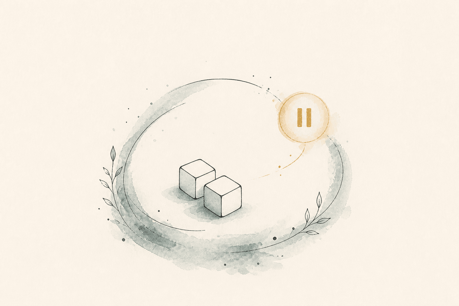 Minimal watercolor illustration of simple dice inside a gentle loop, suggesting gambling habit patterns.