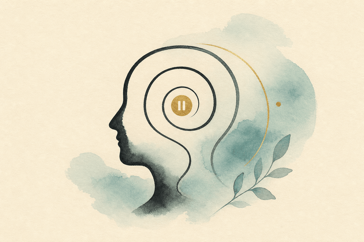 Minimal watercolor illustration of a calm head outline with an inner loop, suggesting hypnotherapy pattern support.