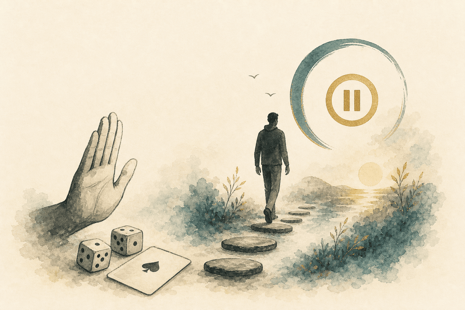 Minimal watercolor illustration of a hand pausing before dice and cards, suggesting help to quit gambling when previous attempts failed.