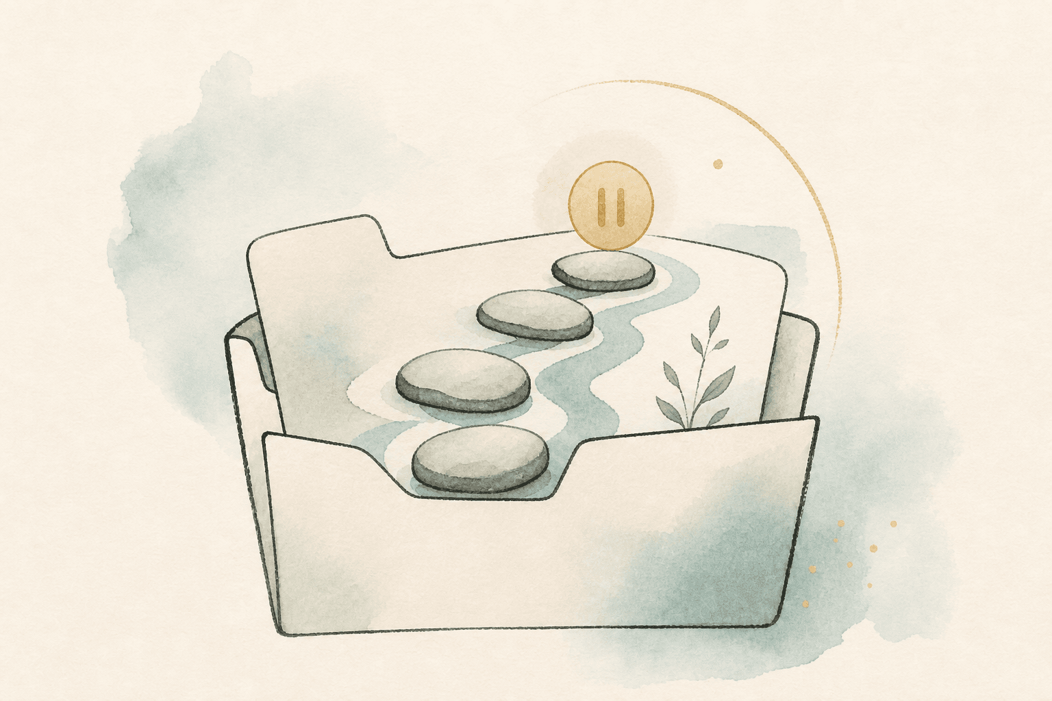 Minimal watercolor illustration of stepping stones and a folder-like shape, suggesting structured healing program progress.