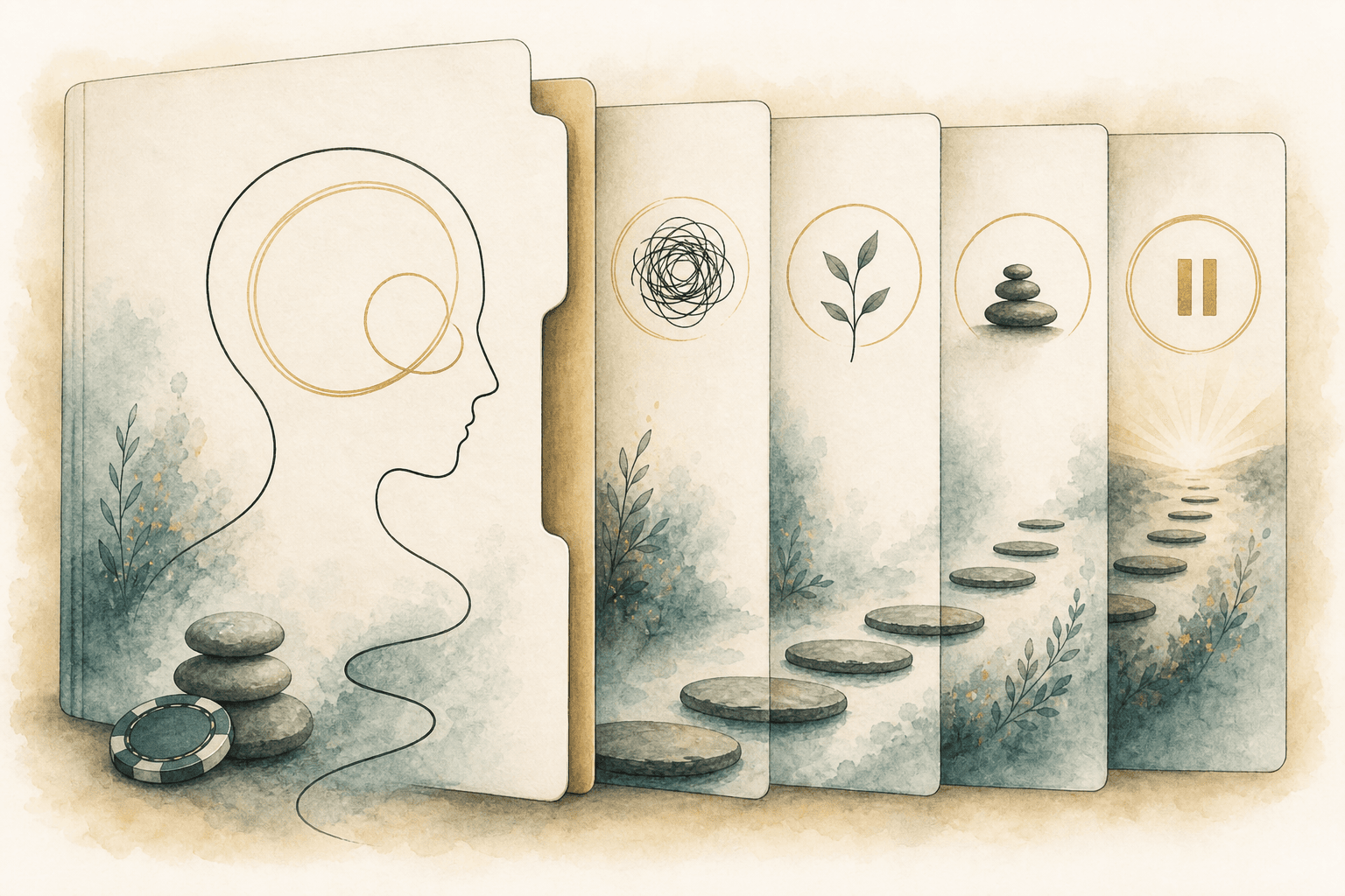 Minimal watercolor illustration of a calm head outline with an inner loop, suggesting hypnotherapy support for gambling addiction.