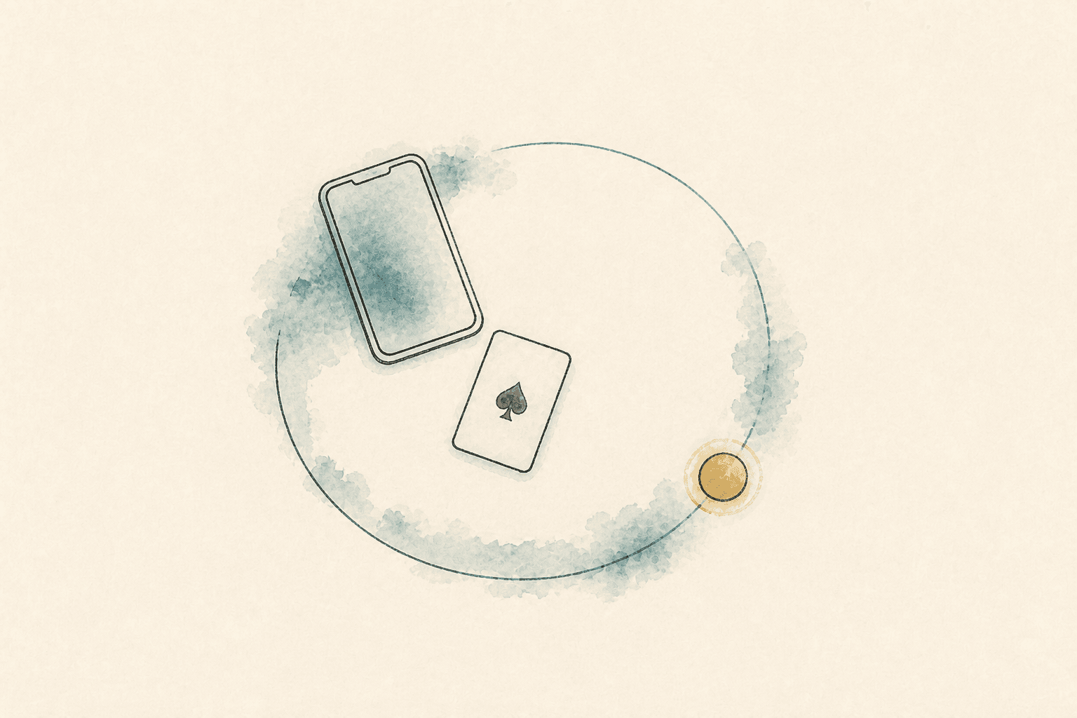 Minimal watercolor illustration of a simple phone and card beside a gentle loop, suggesting online gambling habit awareness.