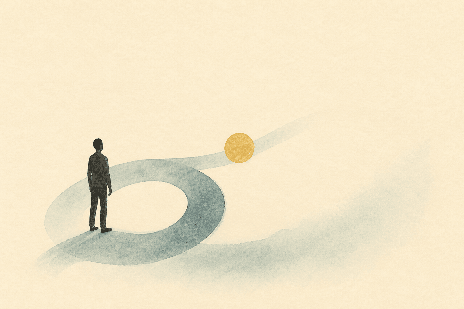 Minimal watercolor illustration of an anonymous figure beside a soft loop and gold pause, suggesting relief from shame without dramatic emotion.