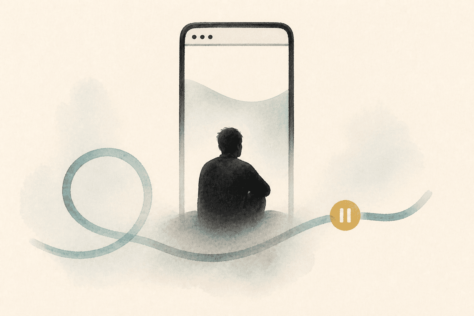 Minimal watercolor illustration of an abstract soft pathway around a phone silhouette, suggesting changing habit loops without medical imagery.