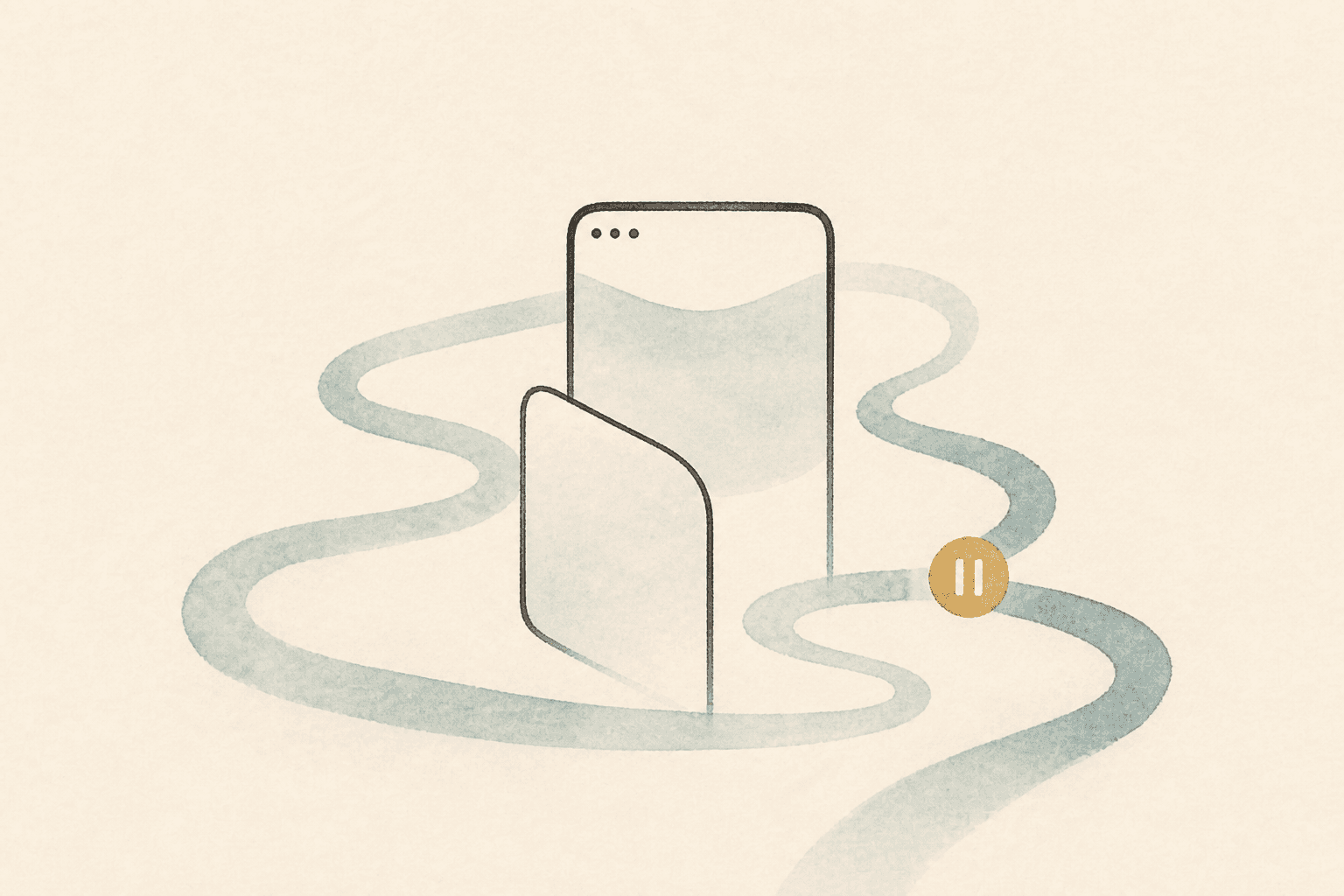 Minimal watercolor illustration of a phone silhouette with soft pathway marks, suggesting habit patterns in the mind without explicit content.