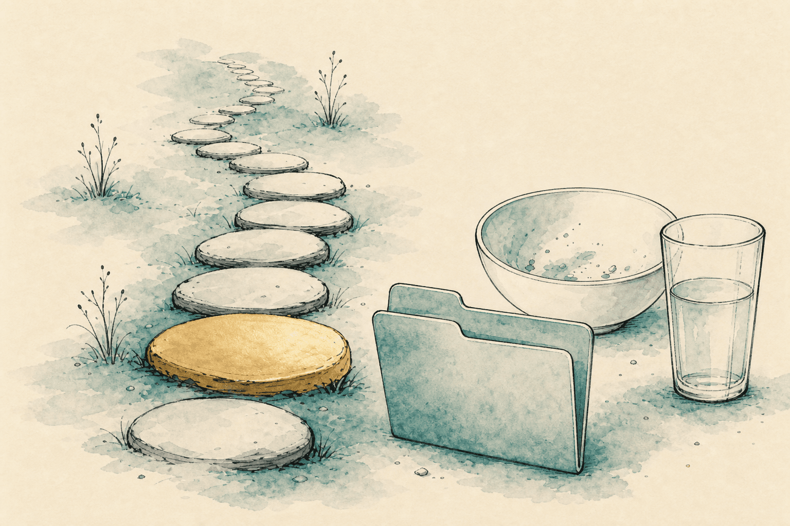 Minimal watercolor illustration of stepping stones and a folder-like shape, suggesting preparation for a structured food addiction programme.
