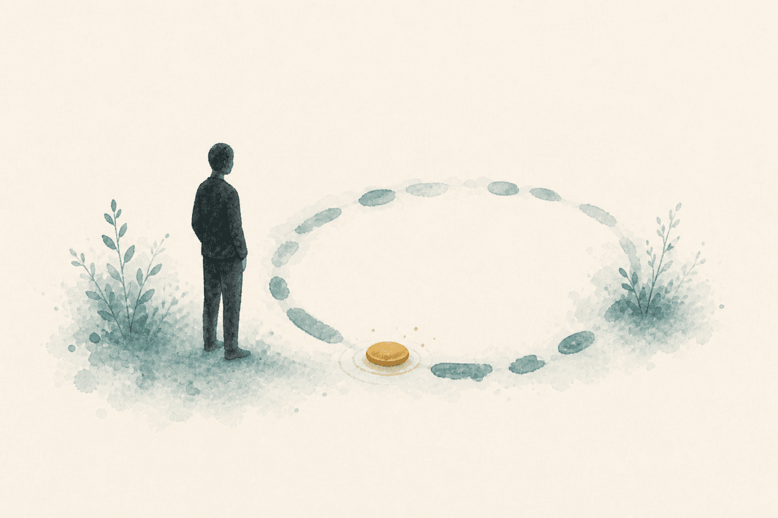 Minimal watercolor illustration of an anonymous figure beside a gentle loop and a soft gold pause point, suggesting the start of self-awareness.