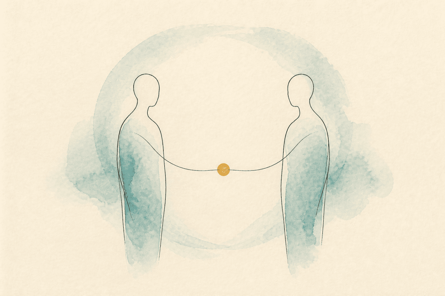 Minimal watercolor illustration of two simple facing forms with a soft boundary and gold pause point, suggesting emotional connection.