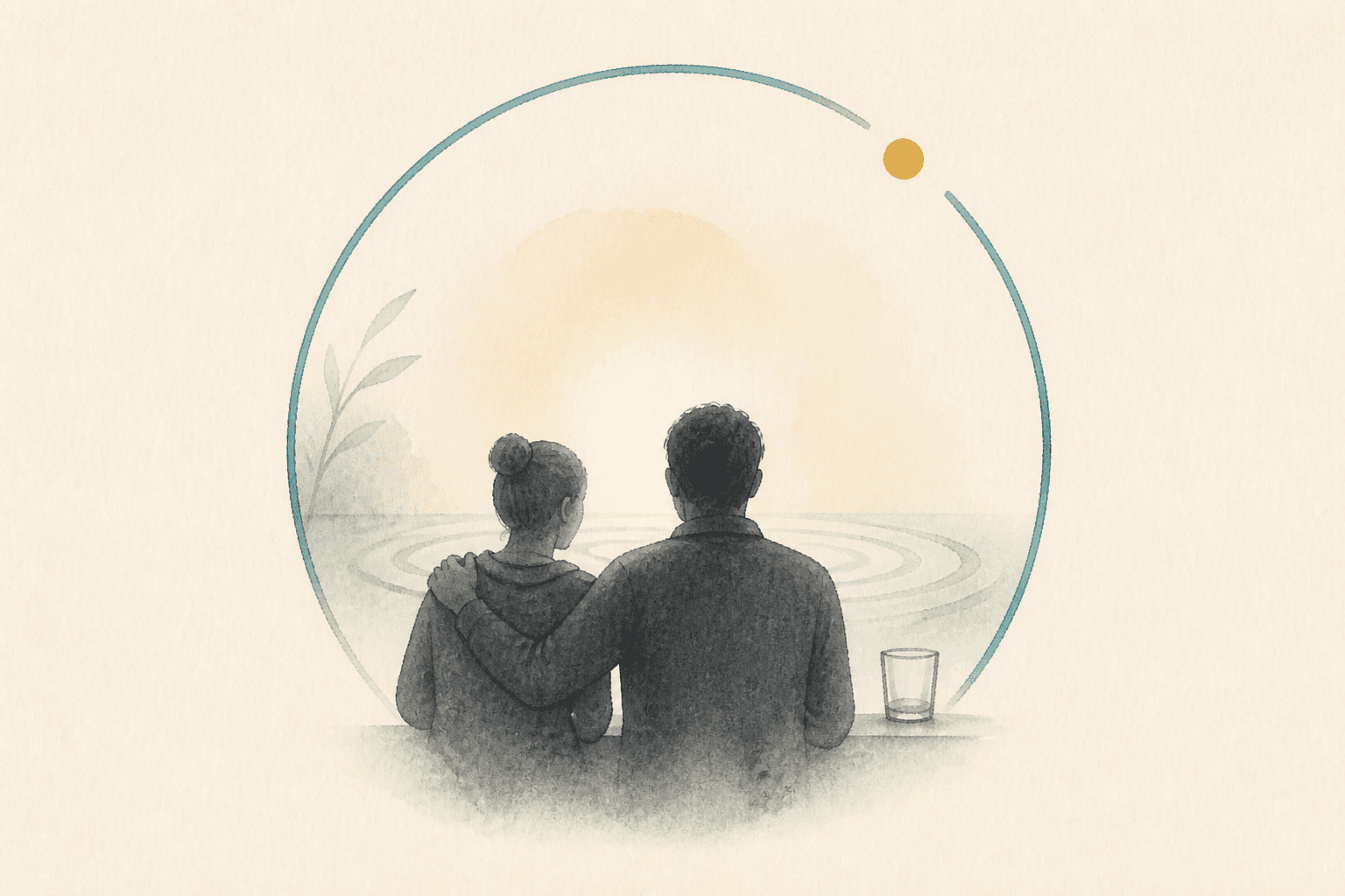 Minimal watercolor illustration of an unlabeled glass beside calm ripples and a gold pause point, suggesting alcohol withdrawal safety.