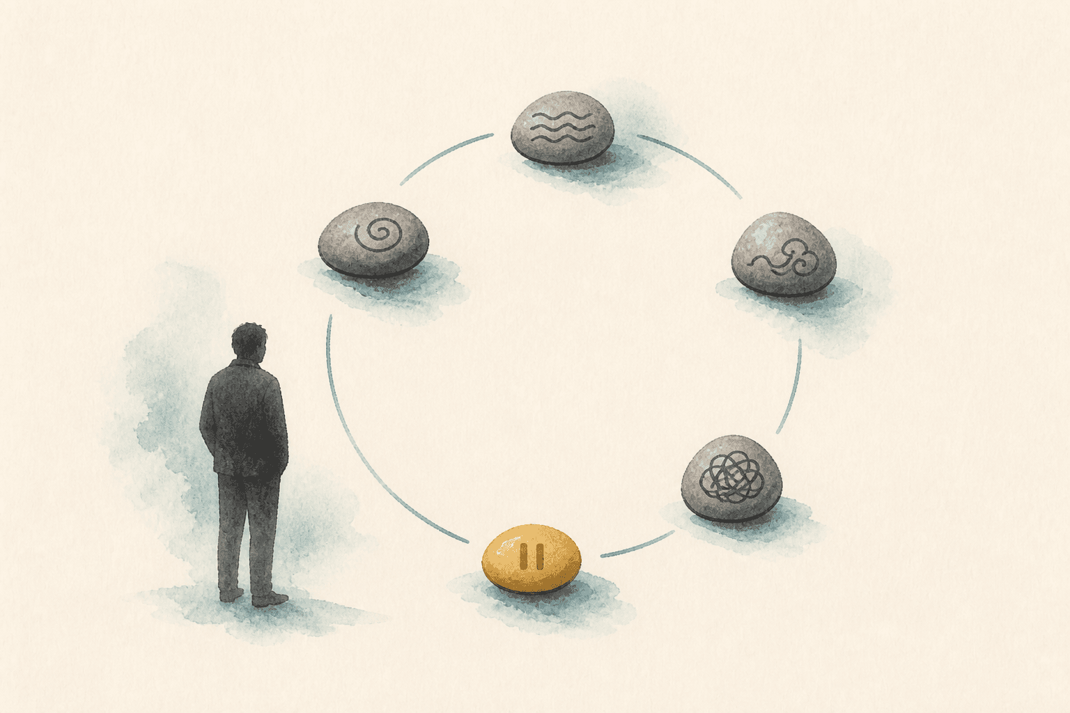 Minimal watercolor illustration of five stones arranged in a gentle loop with a gold pause stone, suggesting common dependence signs.