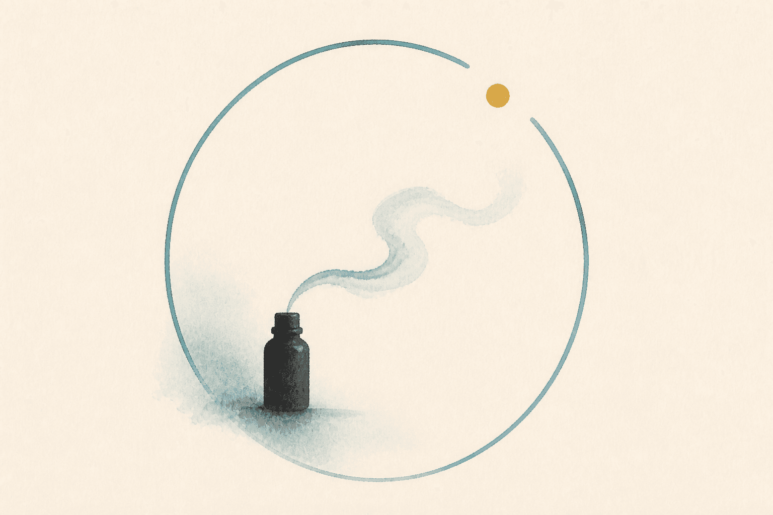 Minimal watercolor illustration of an abstract vapor curl moving away from a plain object, suggesting inhalant toxicity awareness.