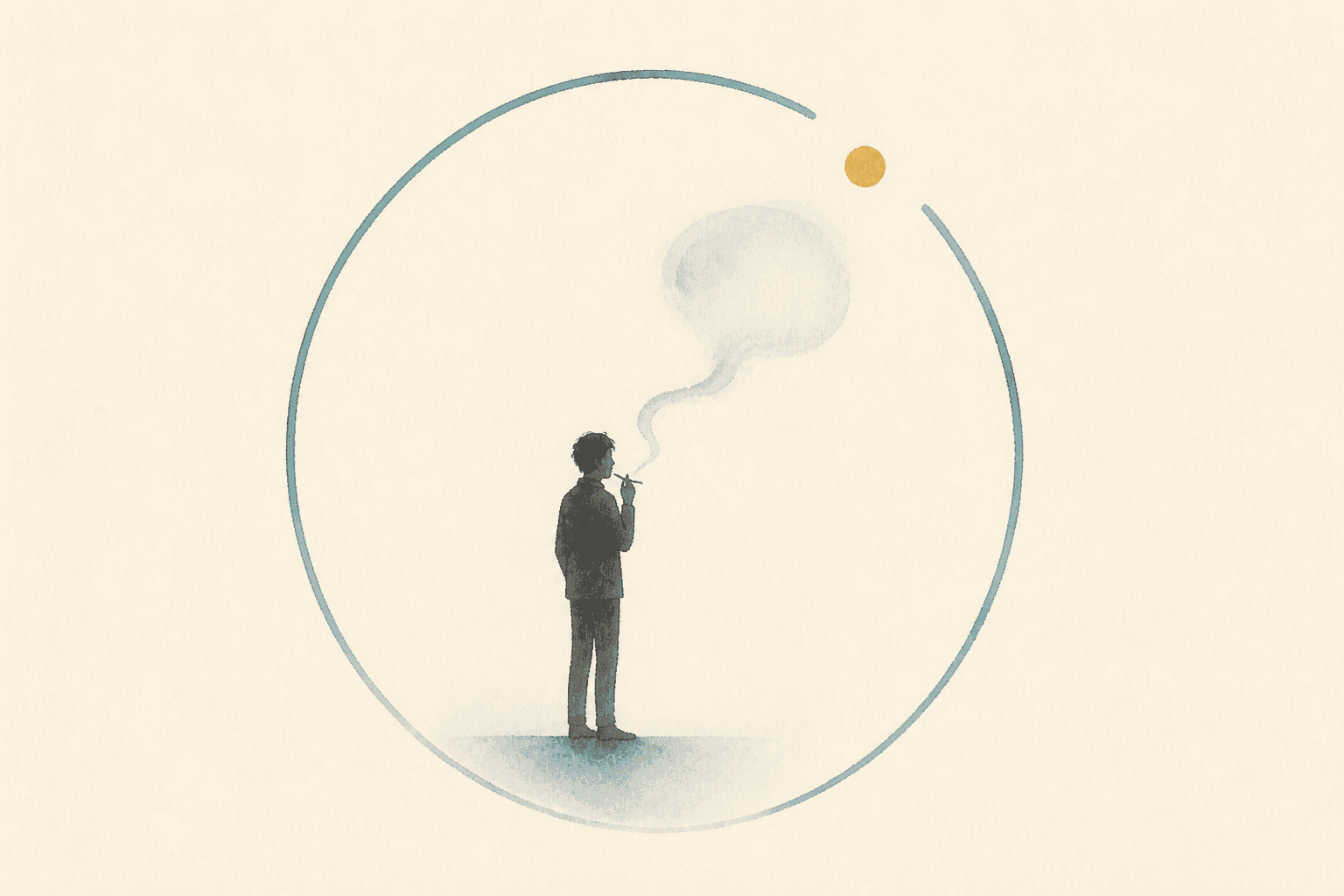 Minimal watercolor illustration of a small unbranded silhouette and vapor curl inside a gentle loop, suggesting nicotine cravings.