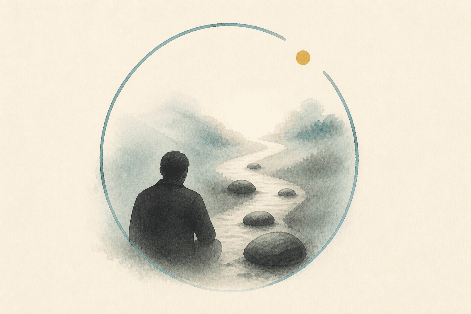 Minimal watercolor illustration of a difficult winding path with smooth stones and a gold pause point, suggesting opioid withdrawal support.