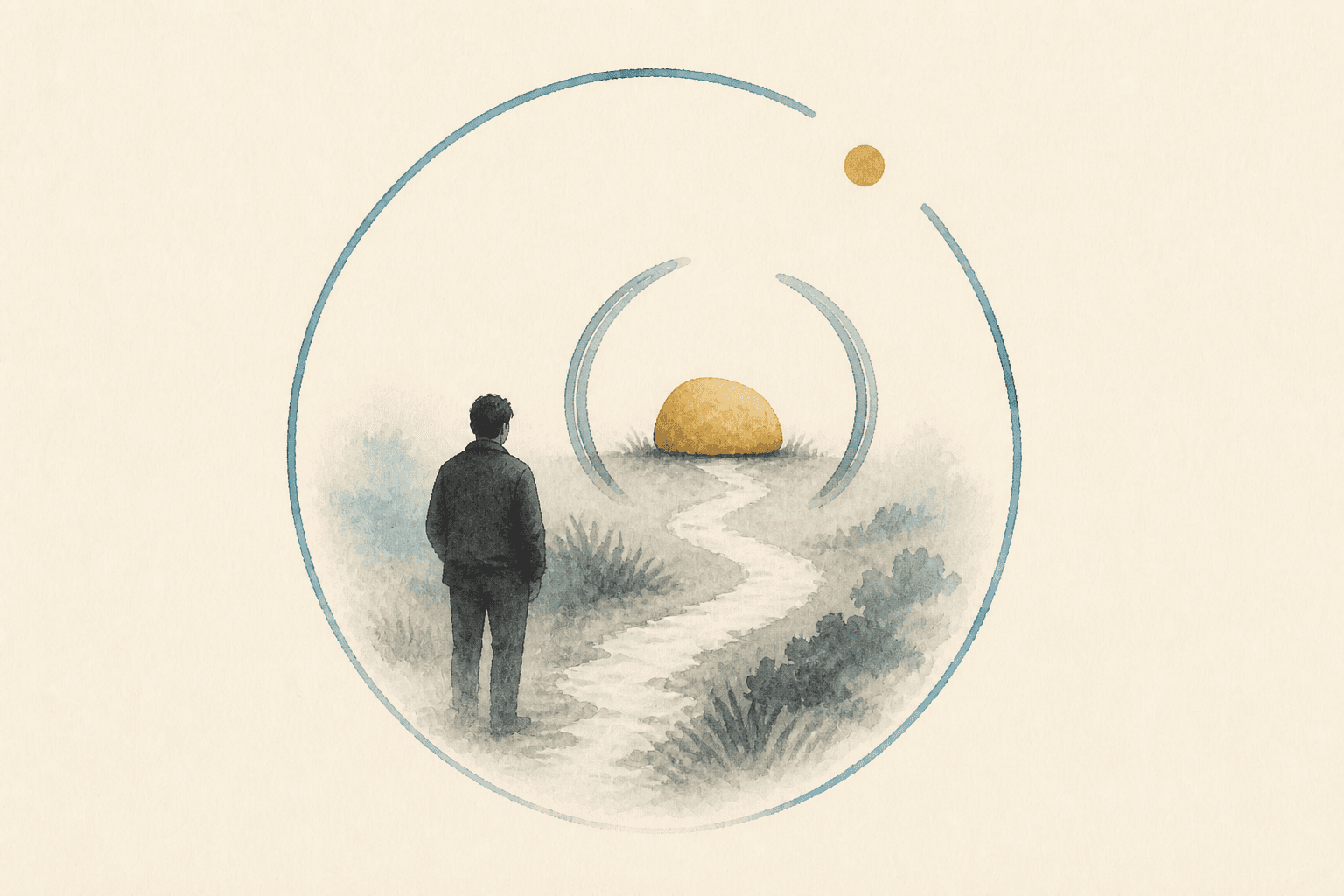 Minimal watercolor illustration of an anonymous figure approaching a gold pause stone on a path, suggesting appropriate medical supervision for dangerous withdrawal.