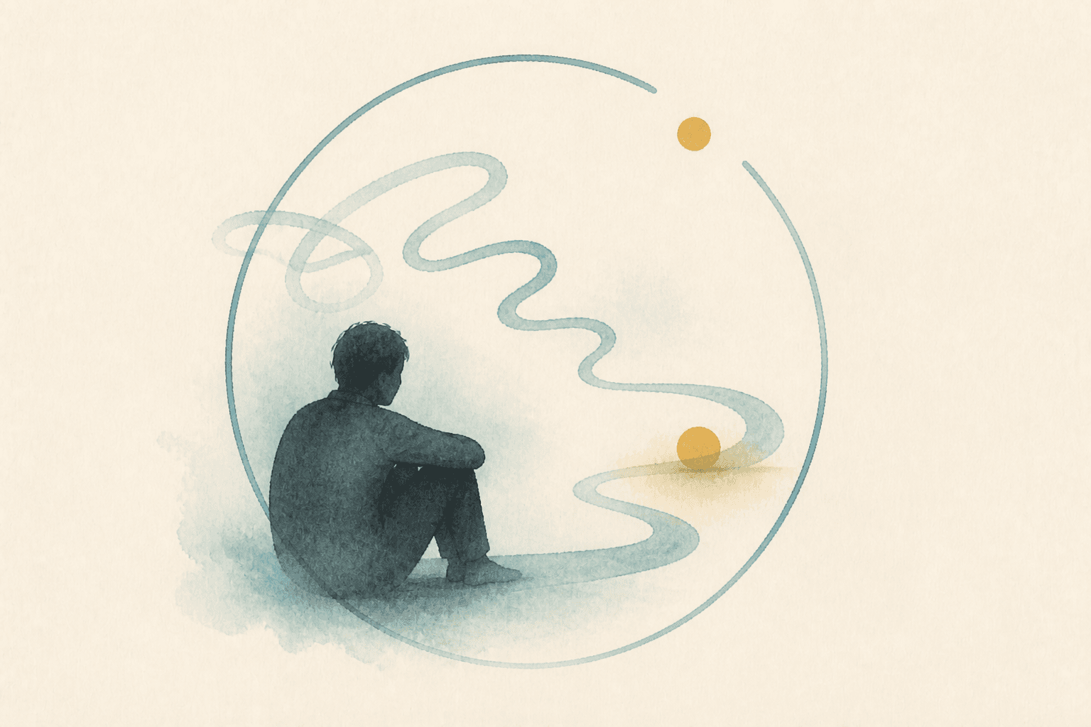 Minimal watercolor illustration of an energetic line settling into a slower path beside an anonymous figure, suggesting stimulant crash and recovery support.