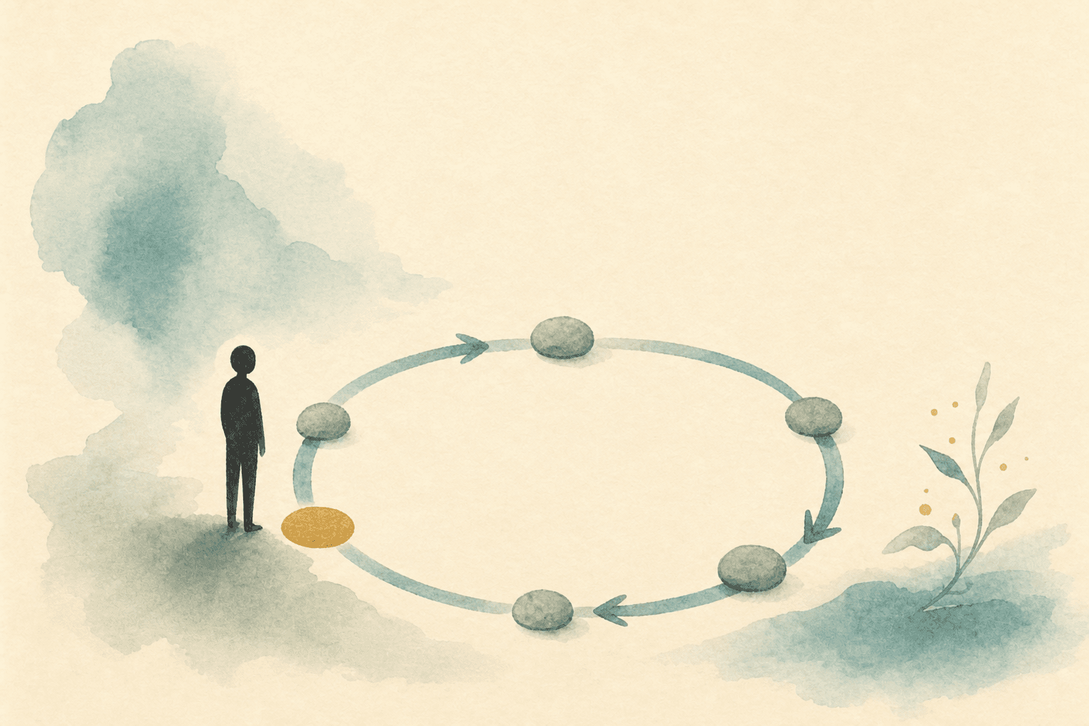 Minimal watercolor illustration of stepping stones and a folder-like shape, suggesting structured healing program progress.