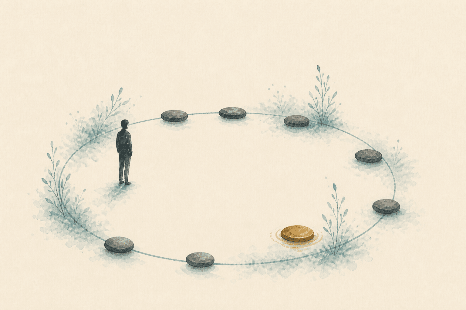 Minimal watercolor illustration of a simple loop with a clear pause point, suggesting core truths about addiction patterns.