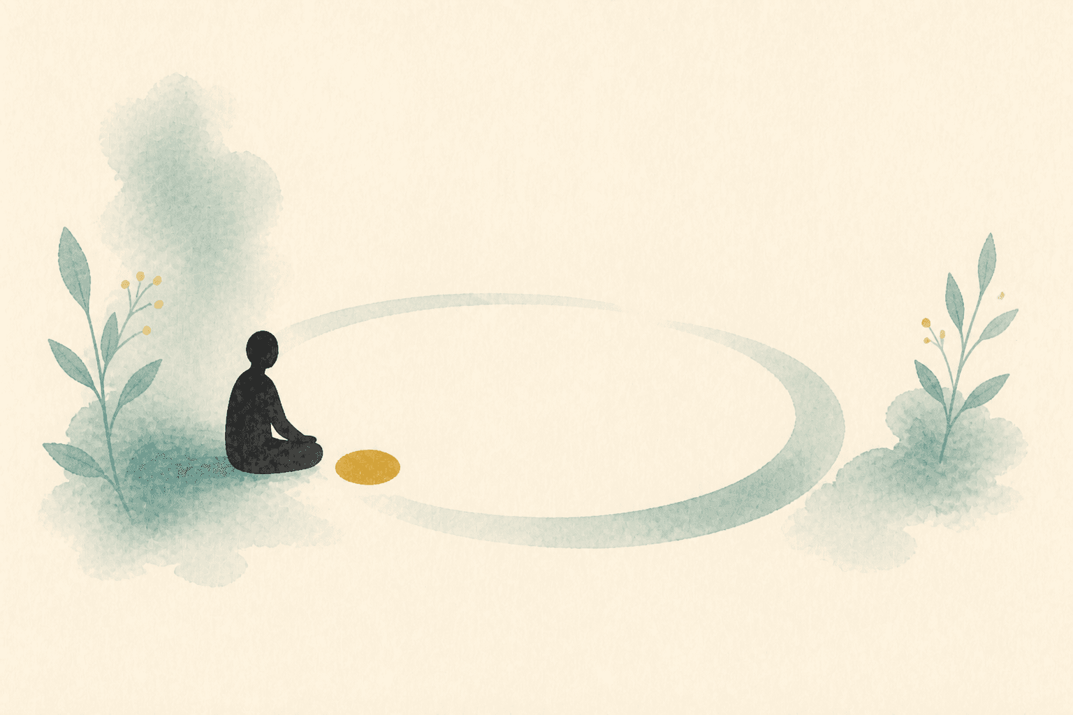 Minimal watercolor illustration of an anonymous figure beside a soft loop and quiet gold pause, suggesting inner stillness without religious icons.