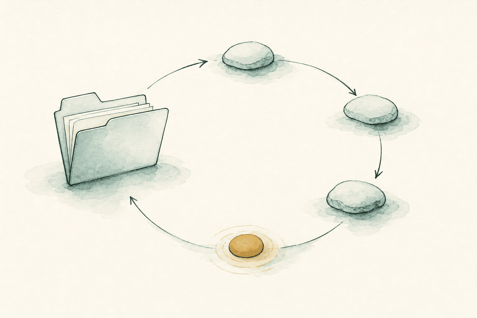 Minimal watercolor illustration of stepping stones and a folder-like shape, suggesting structured healing program progress.
