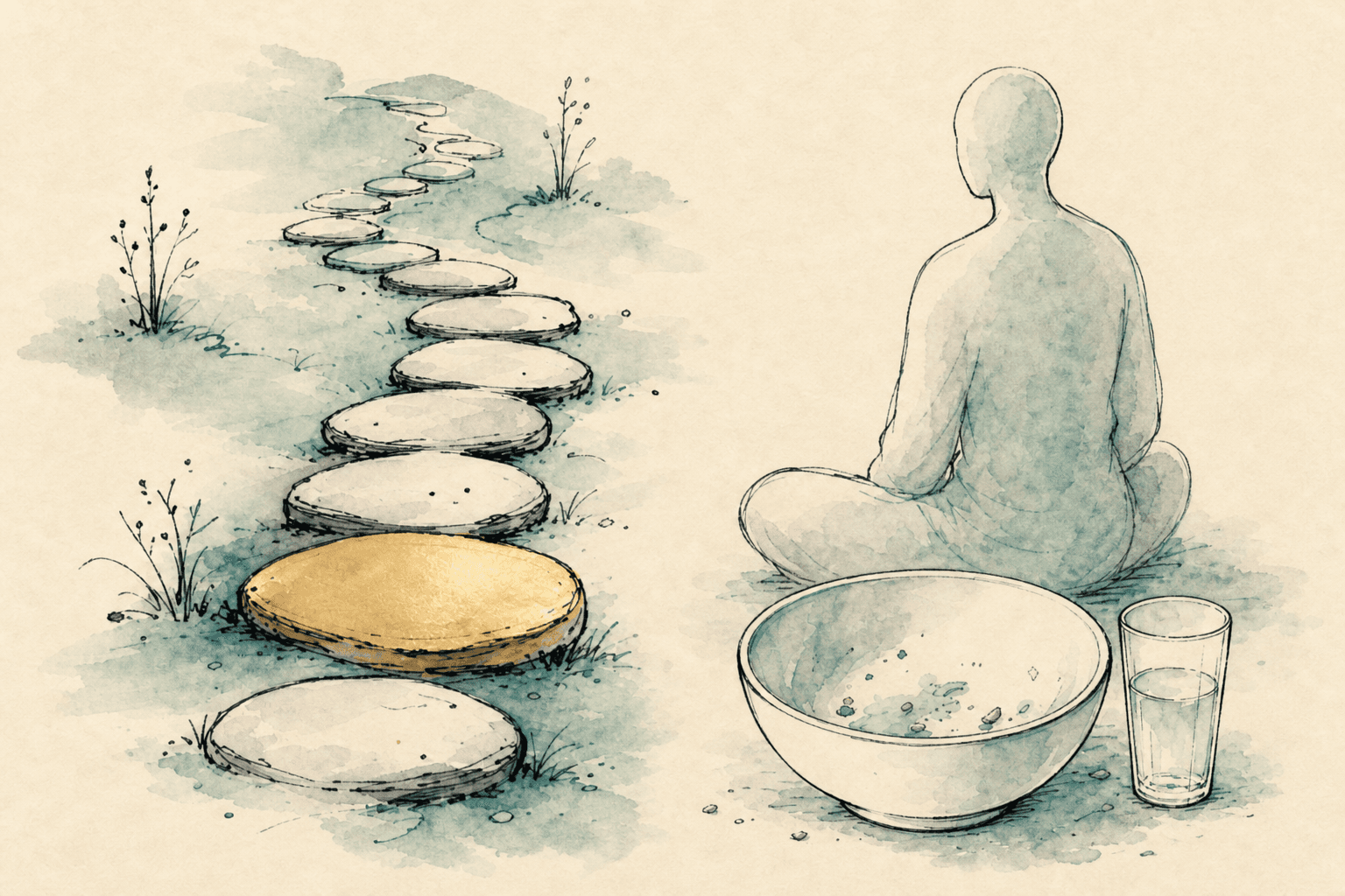 Minimal watercolor illustration of an anonymous figure beside a bowl and pause point, suggesting the decision to heal from food addiction.