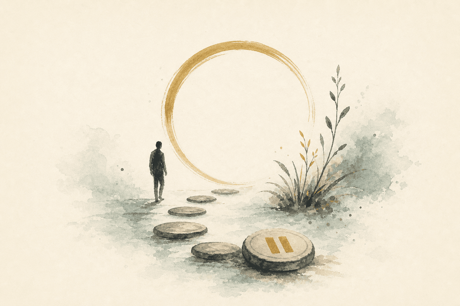 Minimal watercolor illustration of an anonymous figure beside a gentle loop and gold pause stone, suggesting the decision to heal from gambling addiction.