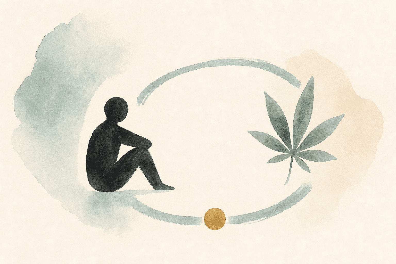 Minimal watercolor illustration of an abstract leaf and seated figure inside a gentle loop, suggesting cannabis habit awareness.