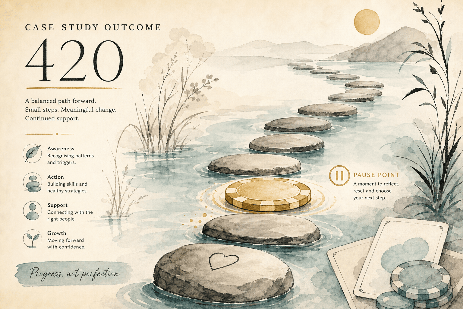 Minimal watercolor illustration of a gentle path and pause point, suggesting gambling addiction recovery progress.