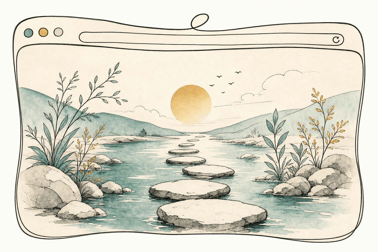 Minimal watercolor illustration of a gentle path and pause point, suggesting internet addiction recovery progress.