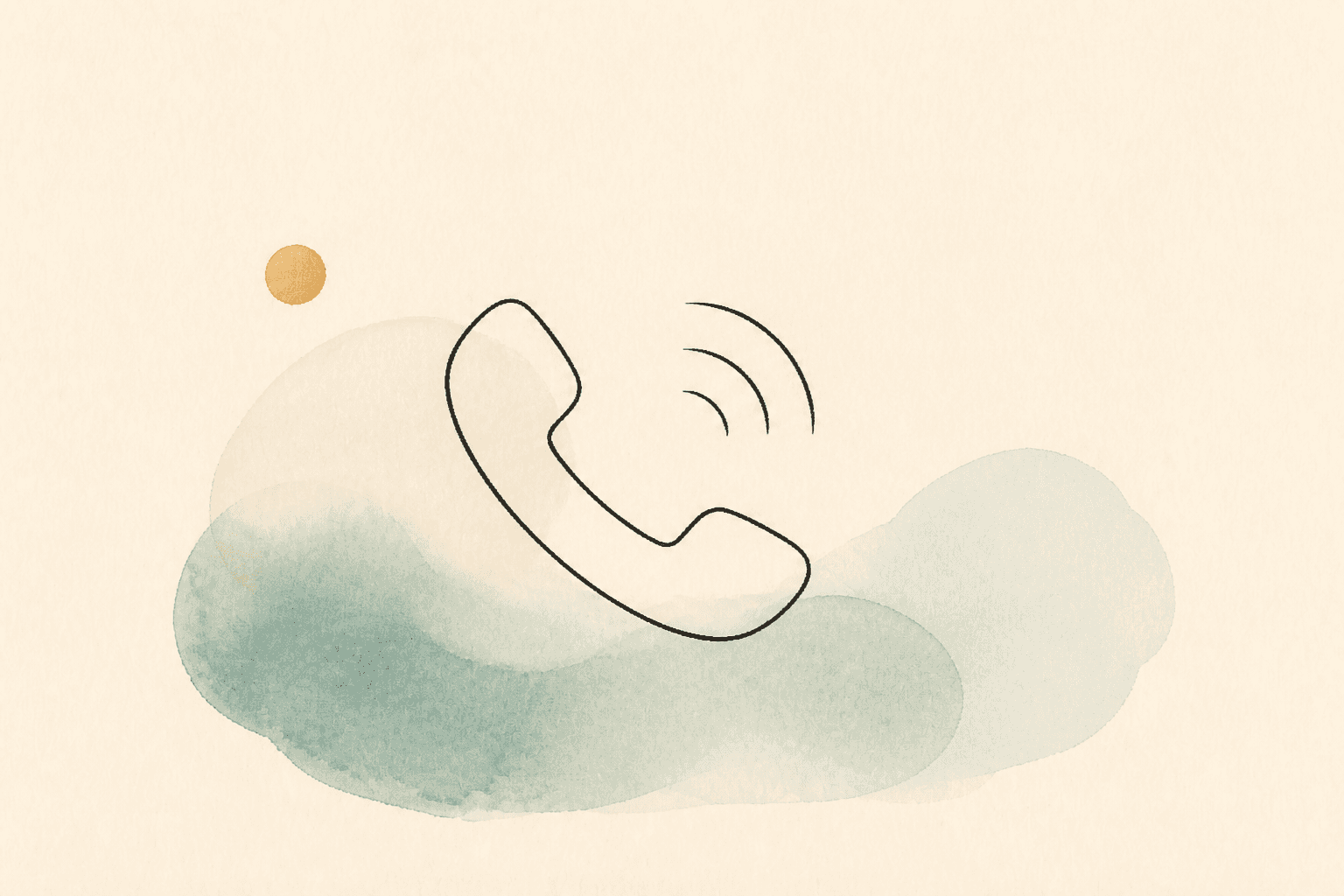 Minimal watercolor illustration of a classic handset with a calm pause mark, suggesting a phone enquiry.