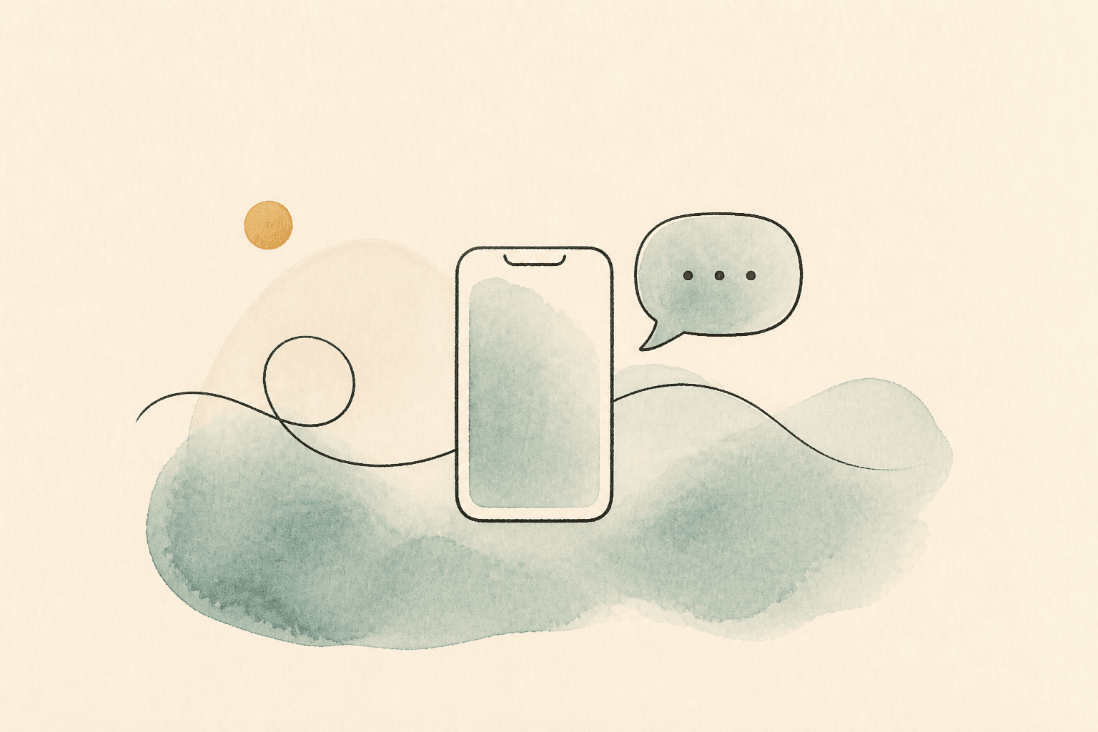 Minimal watercolor illustration of a phone with a soft message bubble, suggesting a private first message on WhatsApp.