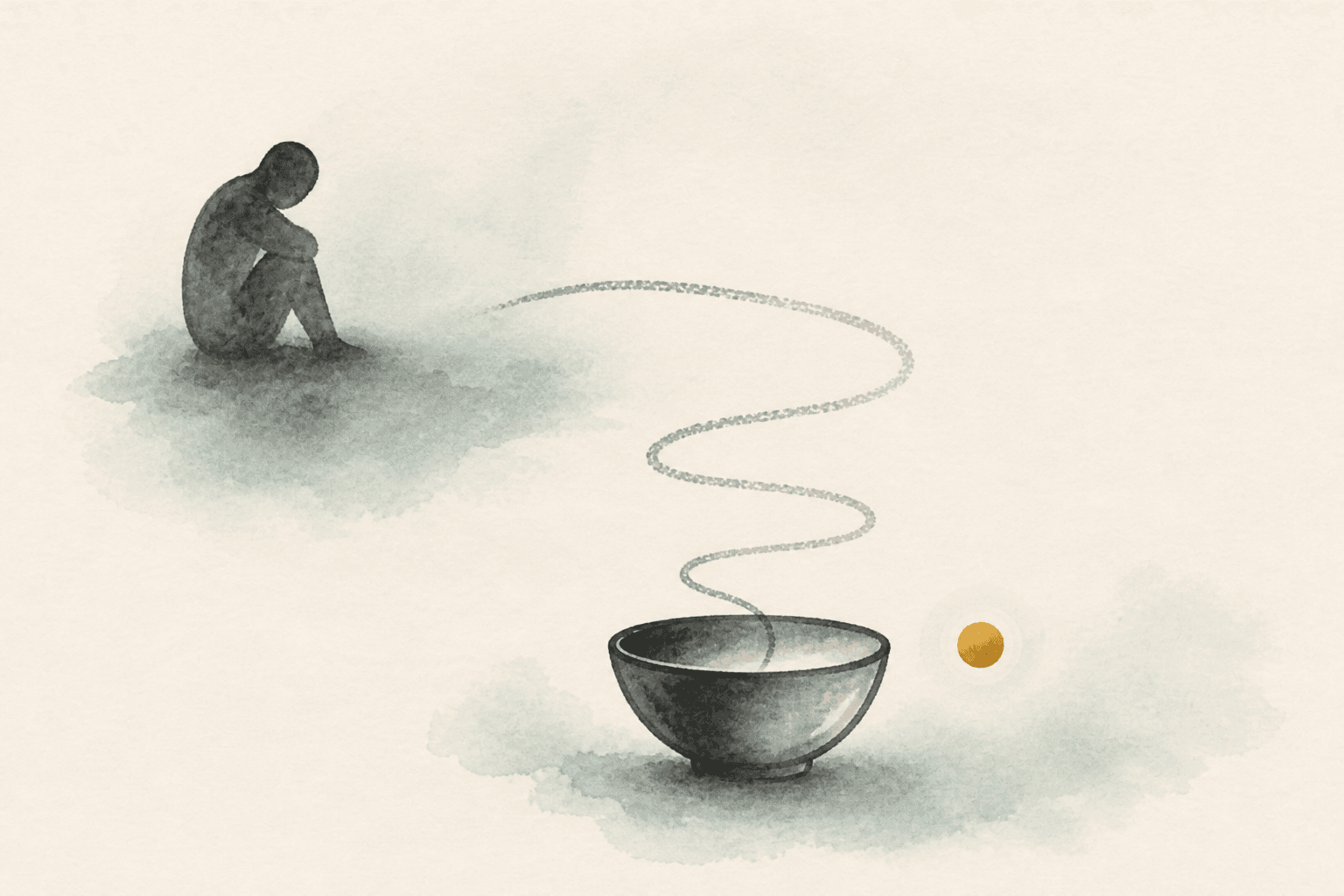 Minimal watercolor illustration of a bowl with a soft downward spiral, suggesting binge episodes followed by shame without stigma.