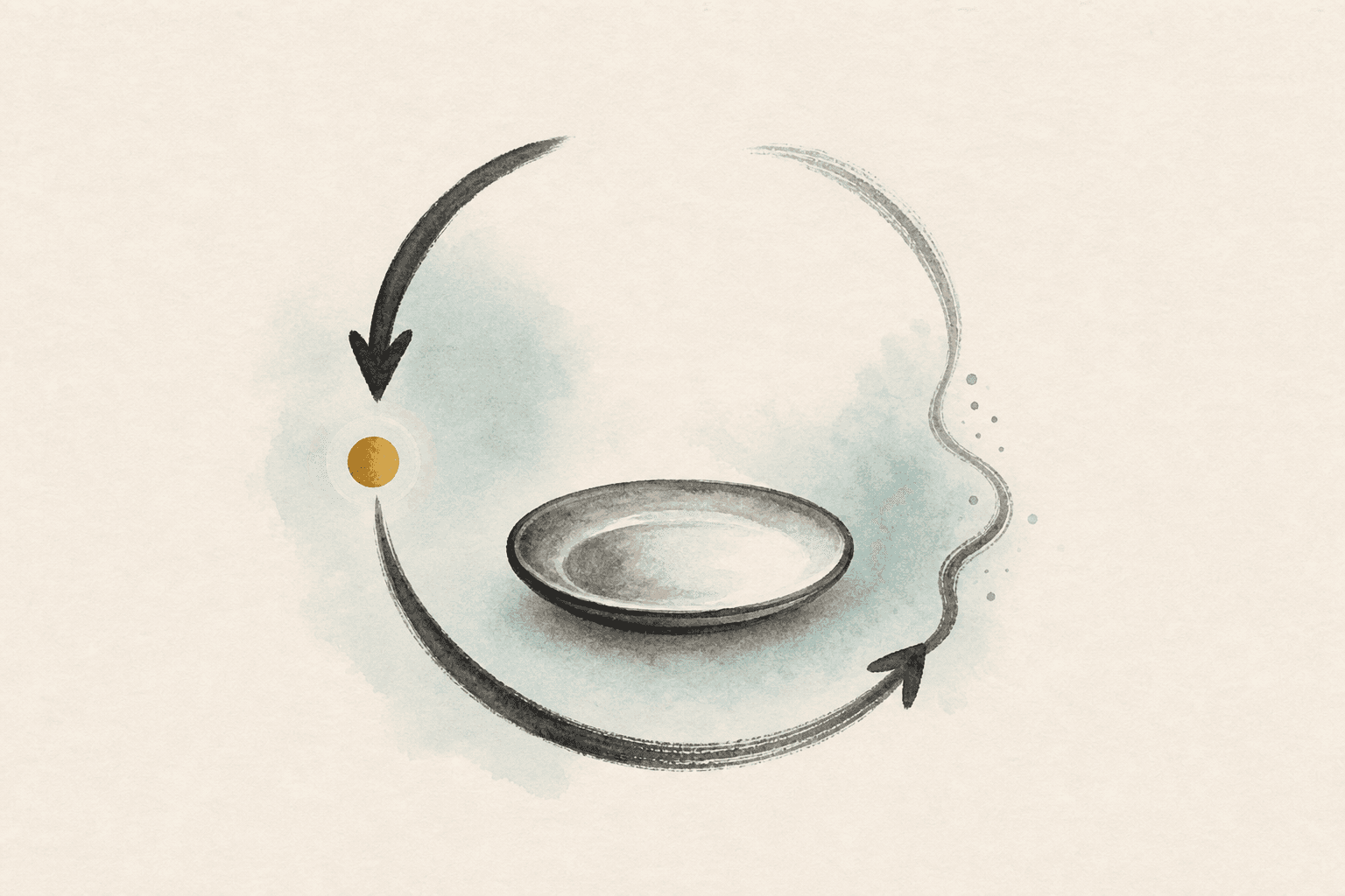 Minimal watercolor illustration of two swinging paths around a plate, suggesting all-or-nothing dieting cycles.