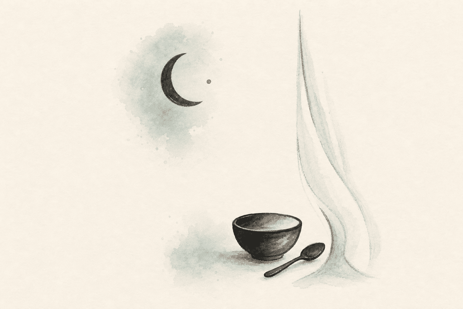 Minimal watercolor illustration of a crescent moon above a small bowl, suggesting late-night eating or secret eating.
