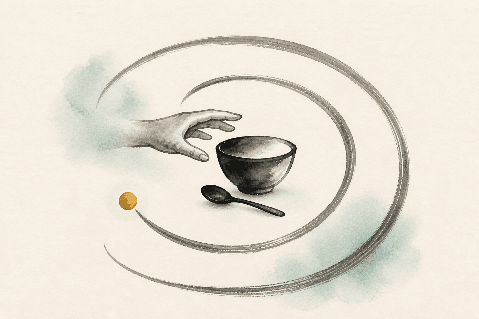 Minimal watercolor illustration of a hand reaching toward a bowl inside a tightening loop, suggesting a loss of control around certain foods.