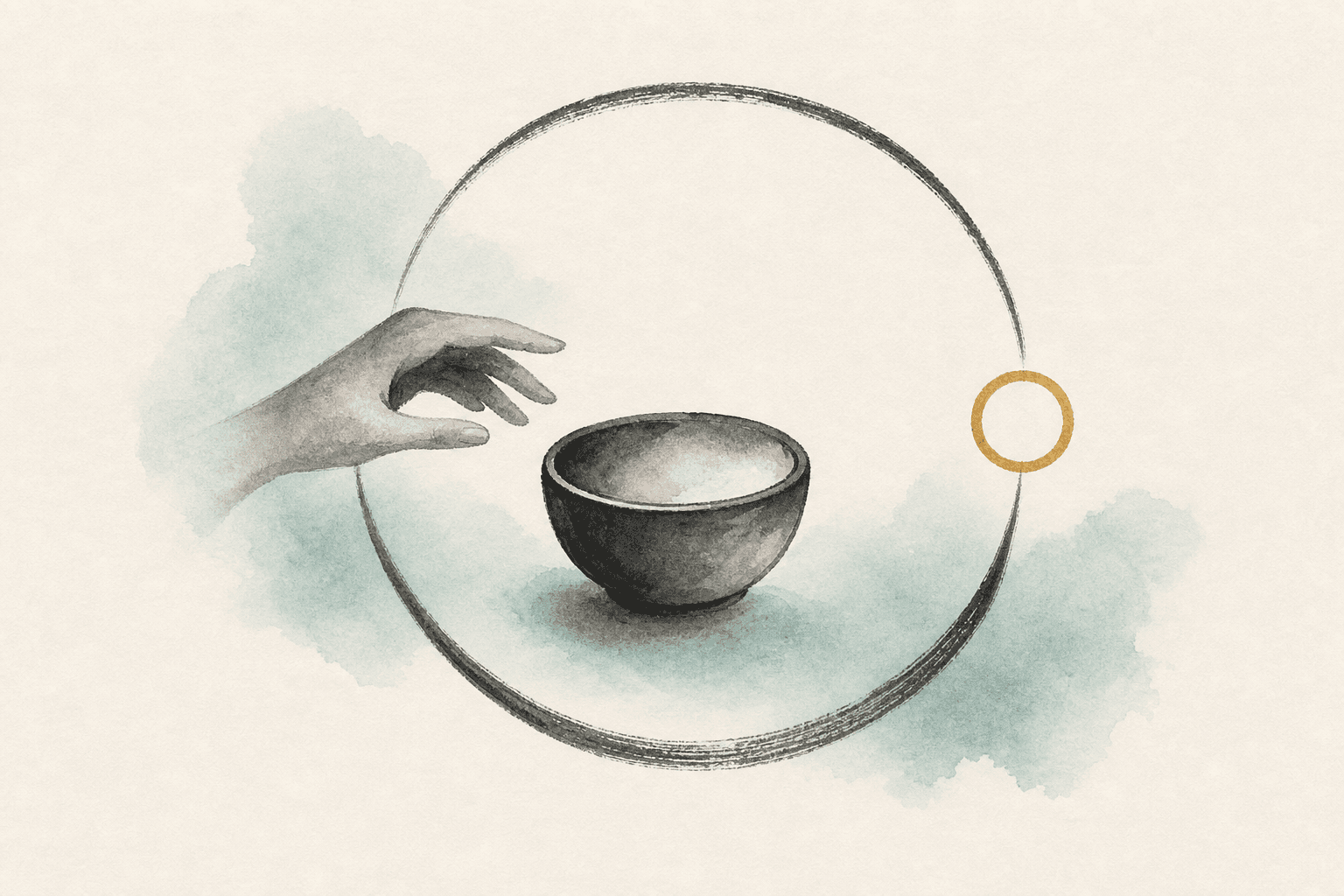 Minimal watercolor illustration of an empty bowl with a hovering hand, suggesting eating when not physically hungry.