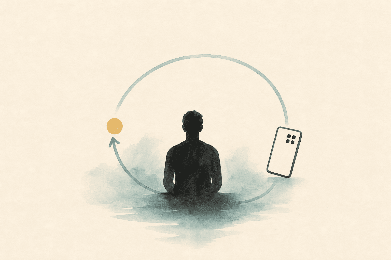 Minimal watercolor illustration of a phone with small app tiles, suggesting betting apps always within reach.