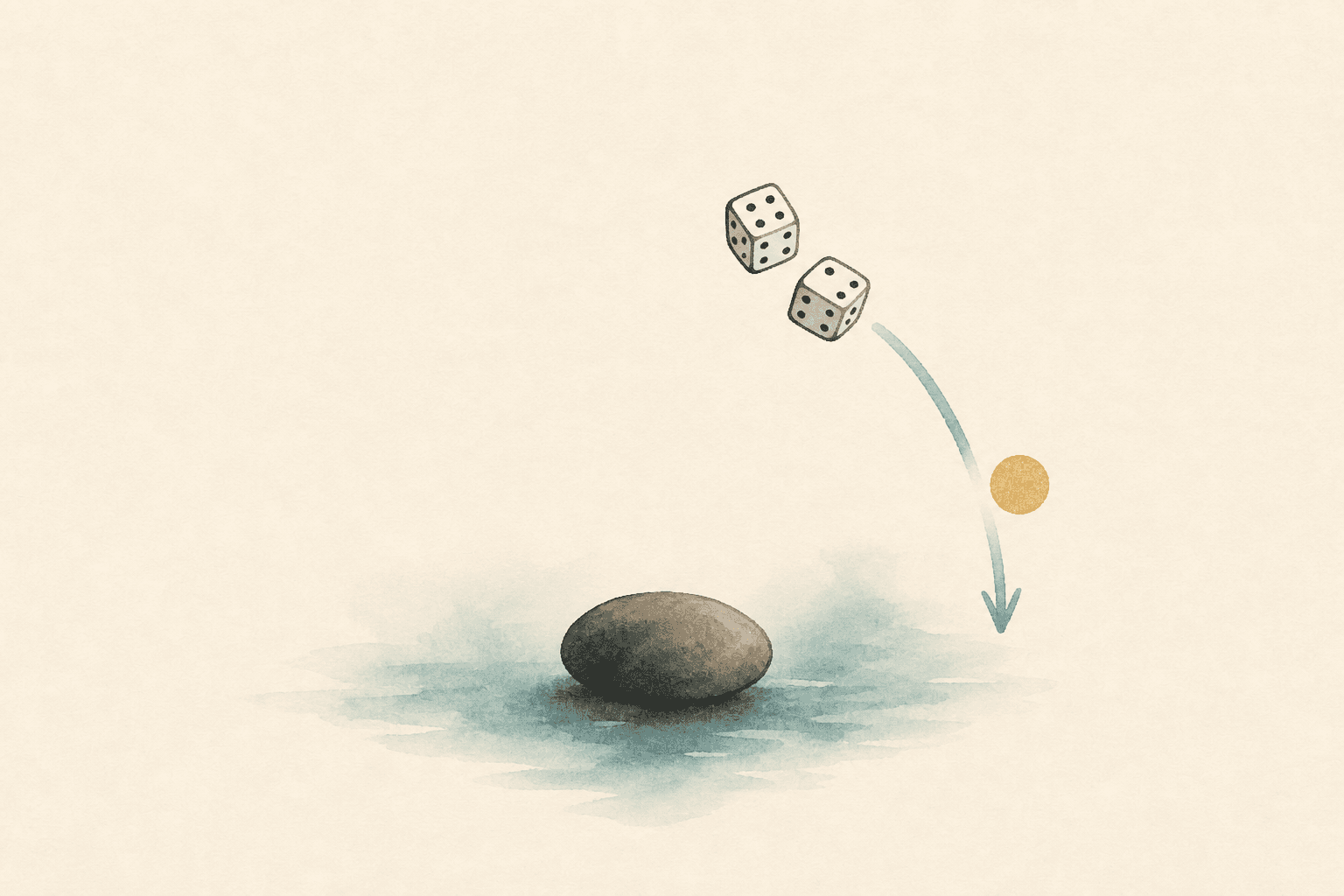 Minimal watercolor illustration of dice and a downward curve, suggesting chasing losses after a bad gambling session.