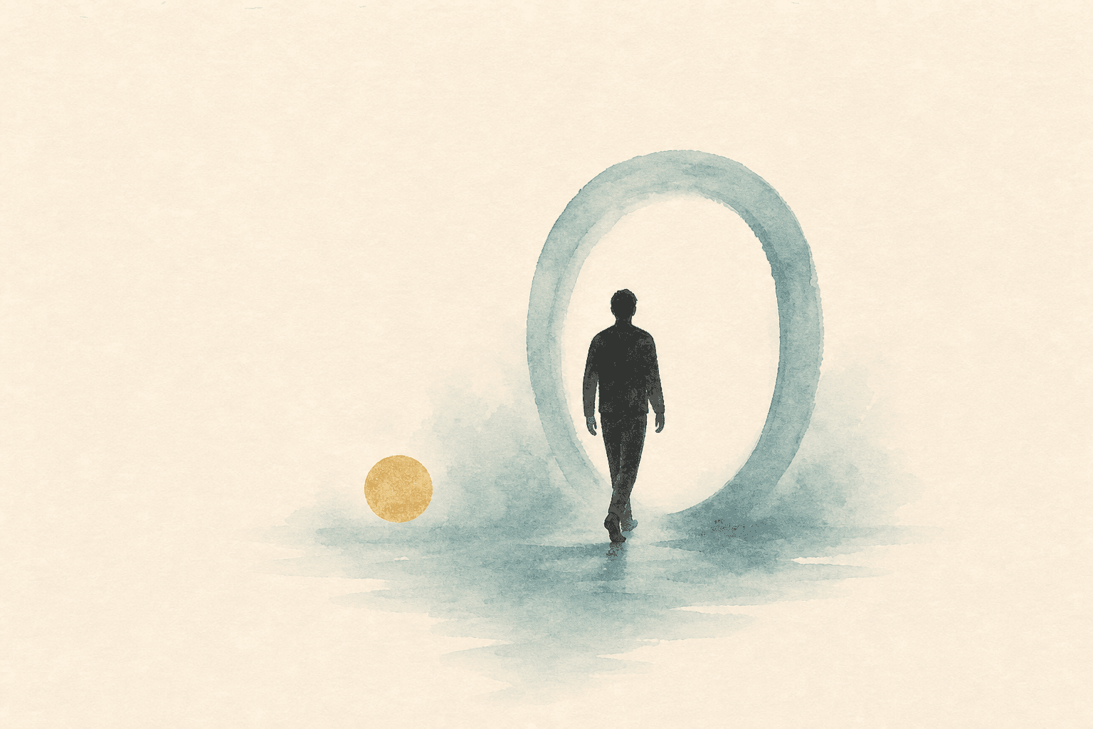 Minimal watercolor illustration of a figure stepping into a soft loop doorway, suggesting gambling as escape from emotion or pressure.