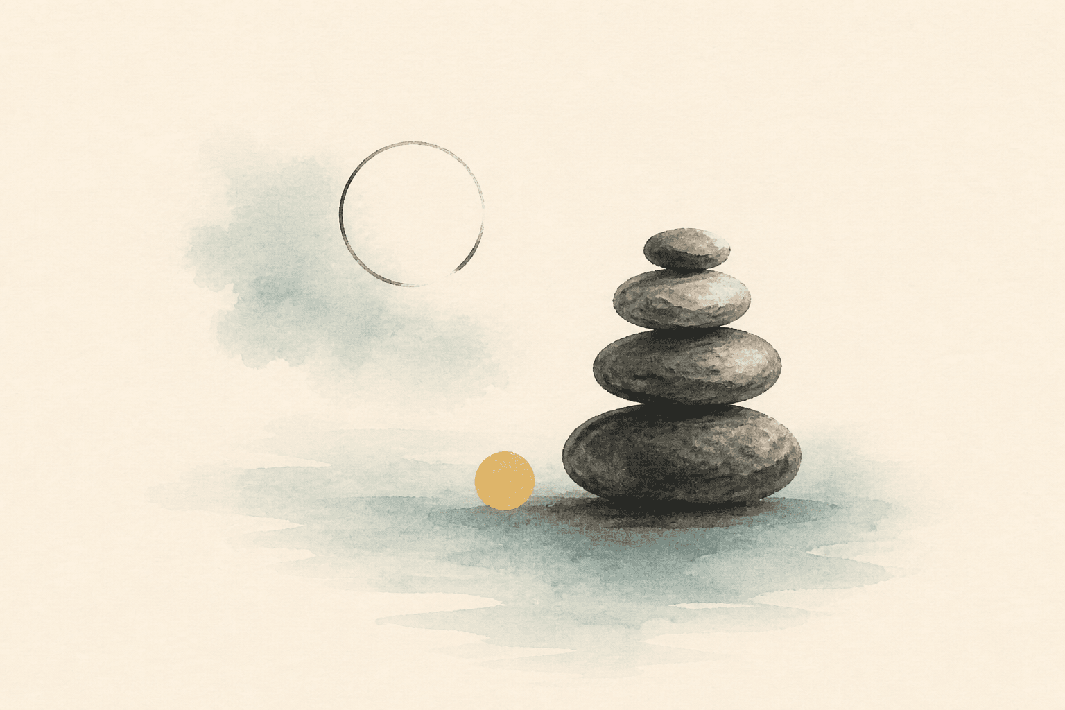 Minimal watercolor illustration of stacked stones and a small circle mark, suggesting financial pressure and promises to stop.