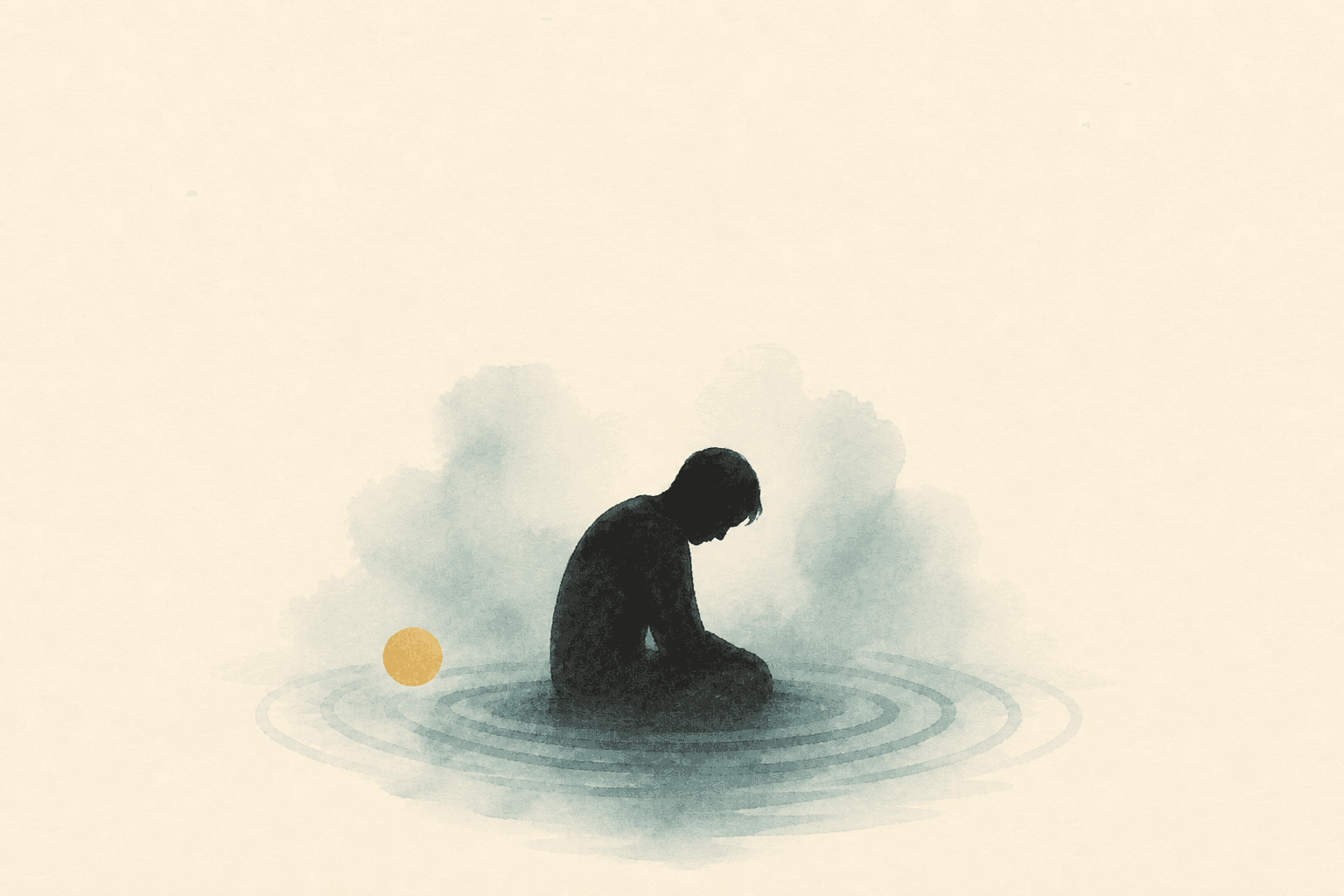 Minimal watercolor illustration of a bowed figure with soft ripple lines, suggesting stress, secrecy and shame after gambling.