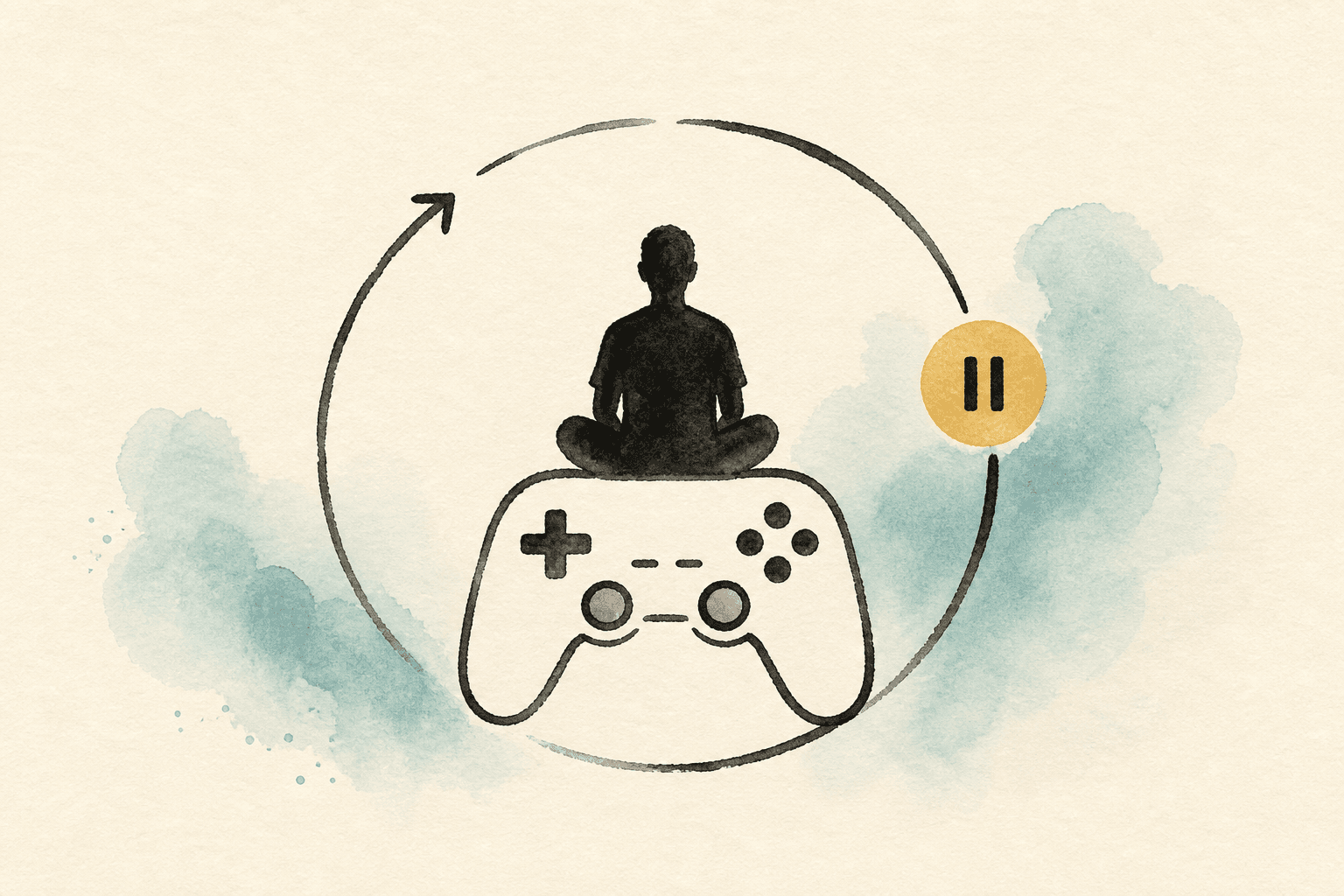 Minimal watercolor illustration of a game controller and pause point inside a loop, suggesting gaming habit awareness.