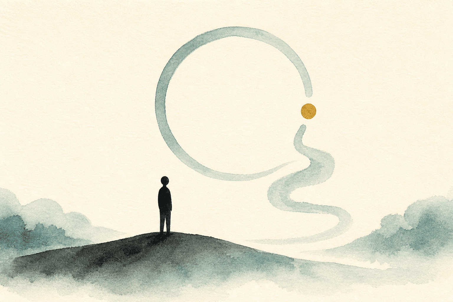 Minimal watercolor illustration of a small figure and soft vapor curl forming a loop, suggesting nicotine habit awareness.