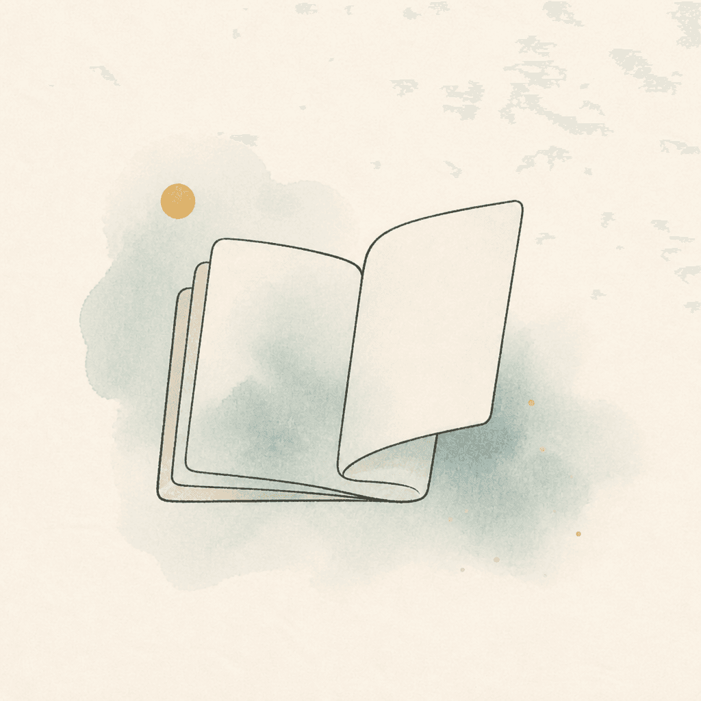 Minimal watercolor illustration of an open booklet with a soft teal wash and gold pause circle, suggesting free tools to begin healing.