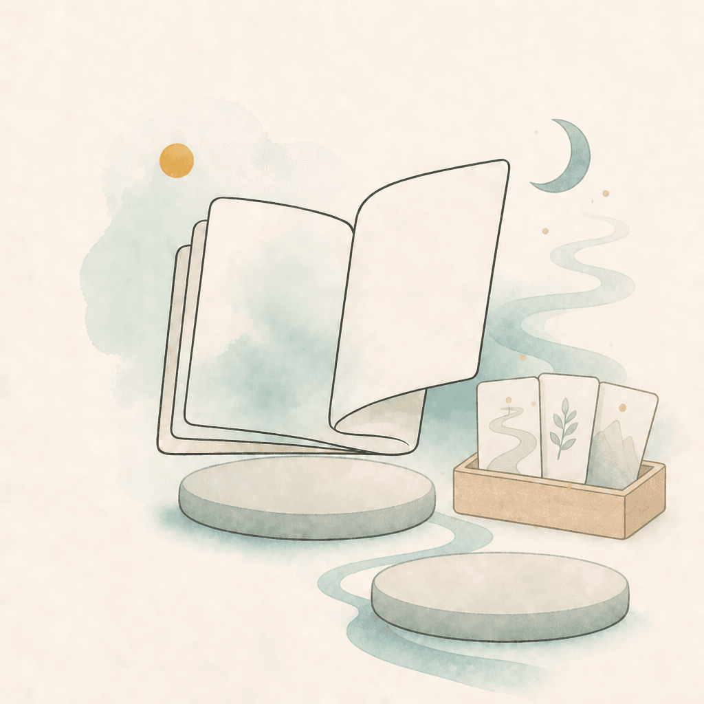 Minimal watercolor illustration of booklet, path stones, journey-card tray, and a crescent moon over an intensive winding path, suggesting fast-track healing.