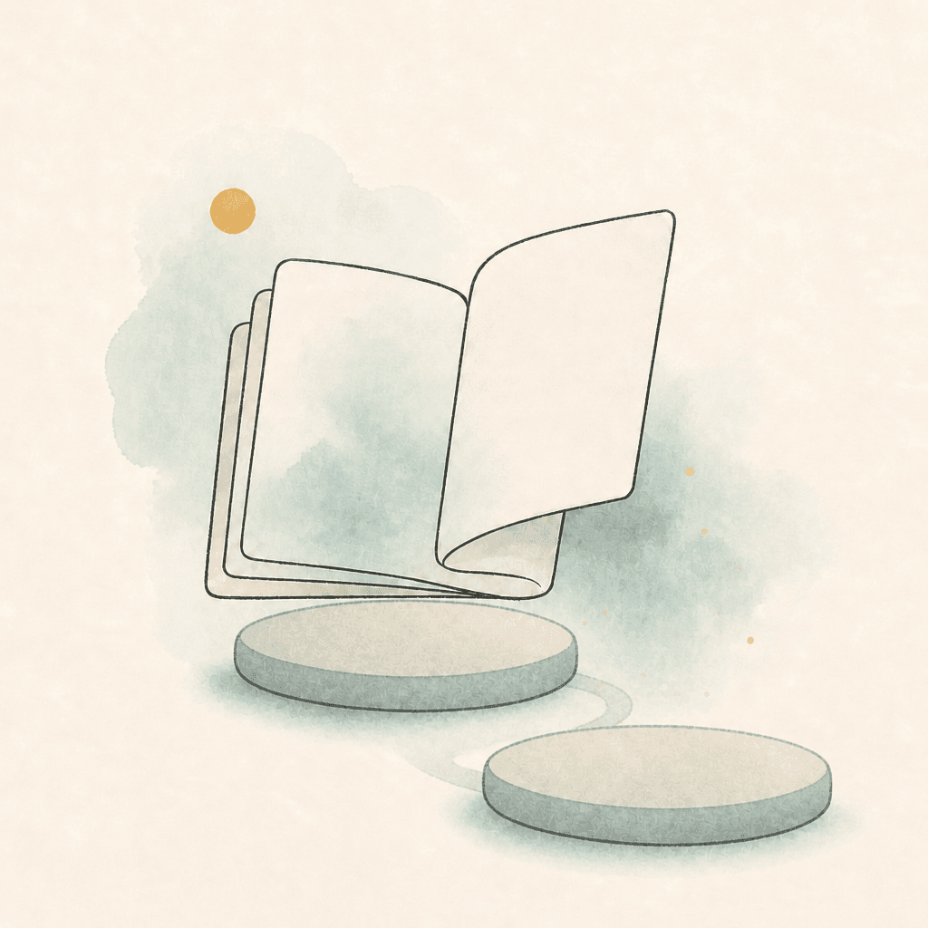 Minimal watercolor illustration of an open booklet, foundation stone, and a second deeper stone linked by a curved path, suggesting going deeper.